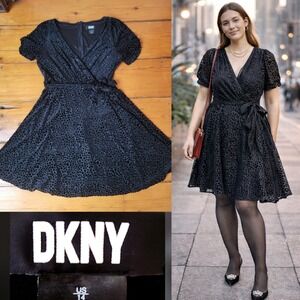 DKNY Black Burnout Velvet Dress, Faux wrap, Puff Sleeves, Tie Waist | Size 14